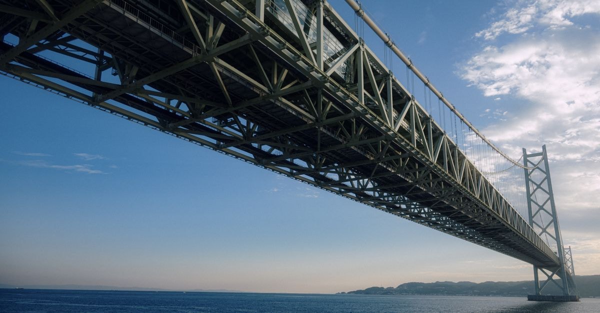 A stunning view of the Akashi Kaikyō Bridge stretching over the ocean under a serene blue sky.