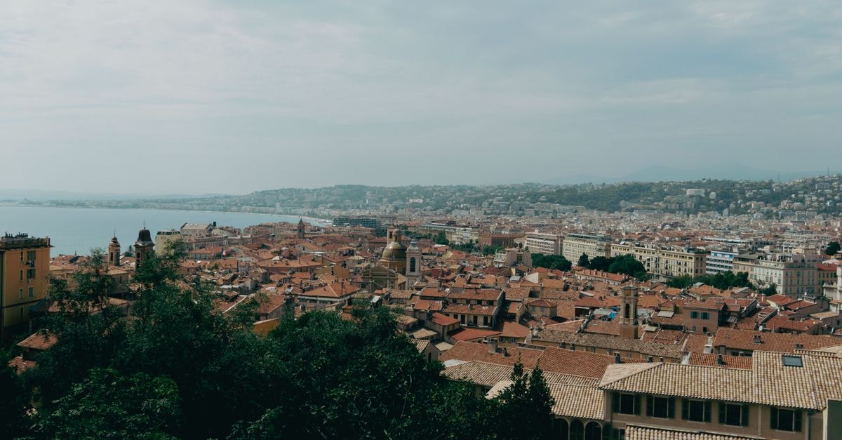 Panoramic view of Nice with Mediterranean coastline from above. Perfect summer day in Provence-Alpes-Côte d'Azur.