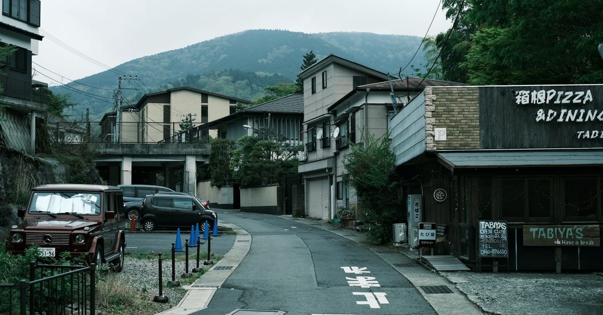 Slow days by the Songhua: a quiet Jiamusi travel guide Tranquil street scene in a Japanese town, lined with houses and a pizza restaurant, under a lush mountain.