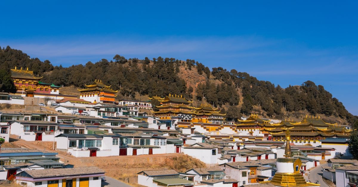 Shangri-La travel guide: highland calm, Tibetan flavors, and slow days Wide-angle view of a Tibetan monastery complex under clear blue skies, showcasing traditional architecture.