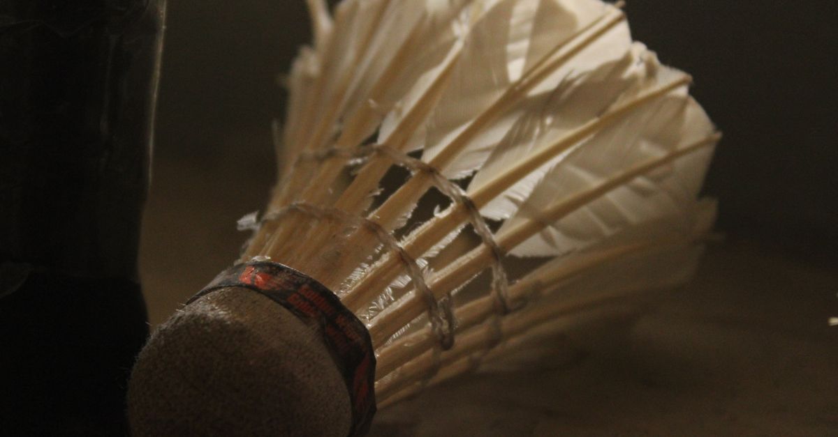 Detailed view of a feathered shuttlecock used in badminton, lying on the ground.