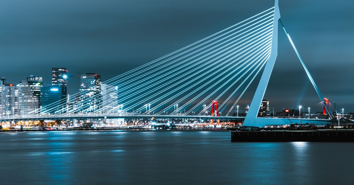 Stunning view of Erasmus Bridge and illuminated Rotterdam skyline at night.