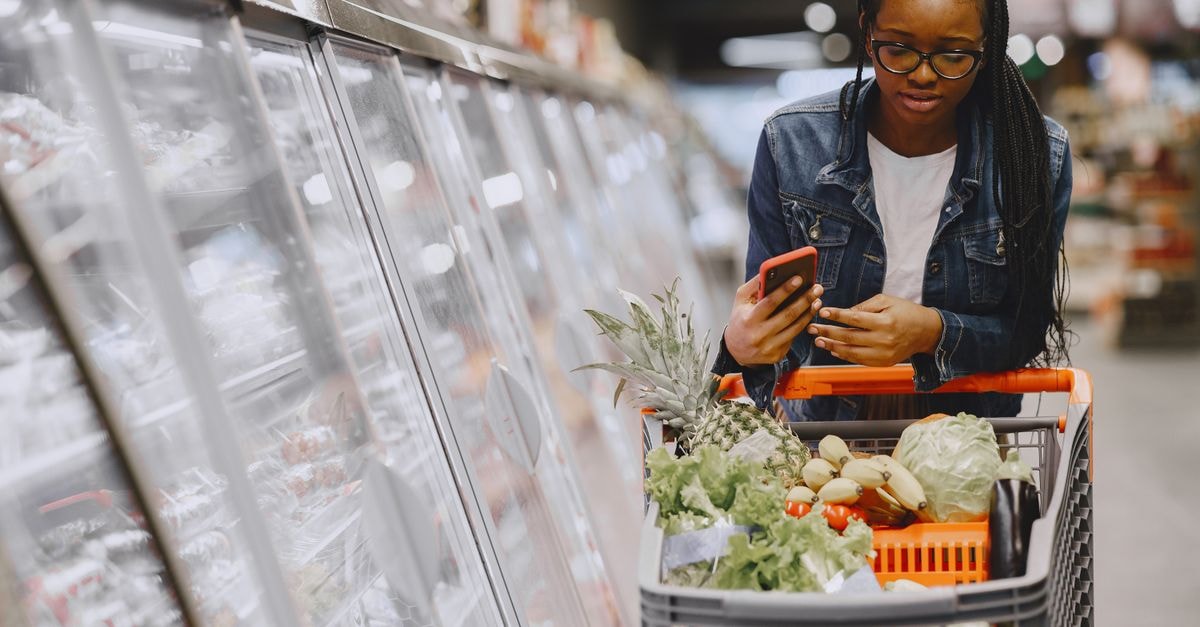 Grocery Outlet: A Discount Grocer in a Discount Woman in a grocery store using smartphone while pushing a shopping cart filled with groceries.