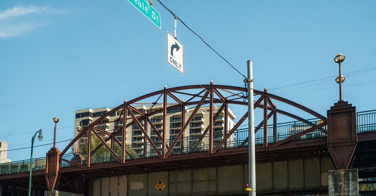 View of the iconic Beale Street bridge in Memphis with cityscape backdrop under clear blue skies.