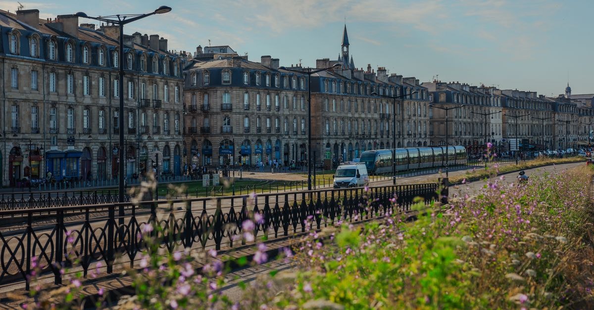 Charming view of historic buildings and tram in Bordeaux, France, with vibrant flowers in foreground.