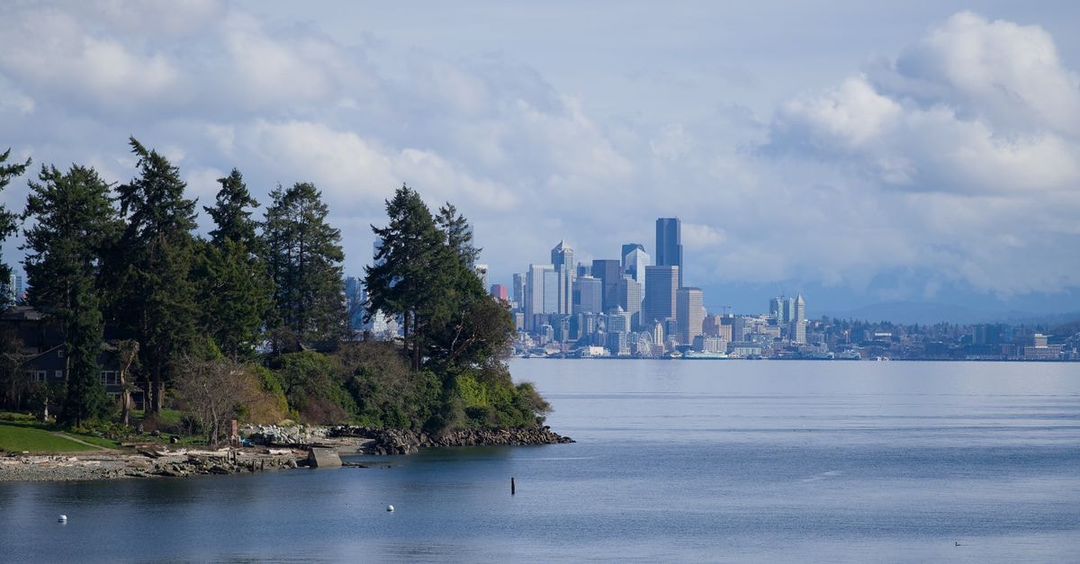 Captivating view of Seattle skyline and Puget Sound with cloudy sky and lush greenery in the foreground.
