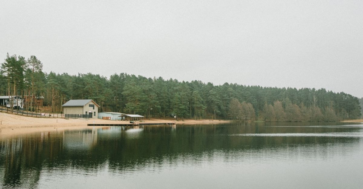 Peaceful lakeside scene in Ocyple, Poland, featuring calm waters, sandy shores, and pine trees.