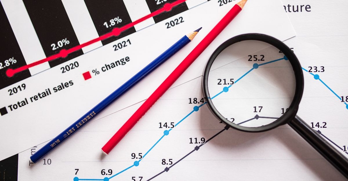 Amazon posts 20% Q2 sales growth, sets out $600 million tariff refund plan Magnifying glass and colored pencils on financial trend graphs highlighting sales growth.
