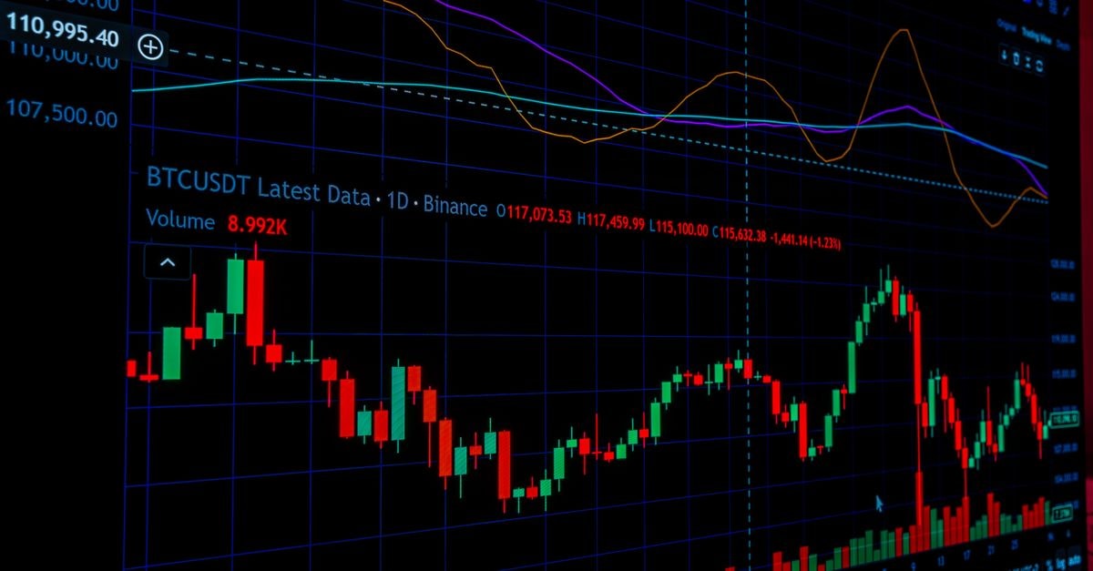 Detailed view of a cryptocurrency market graph displaying technical analysis data on a screen.