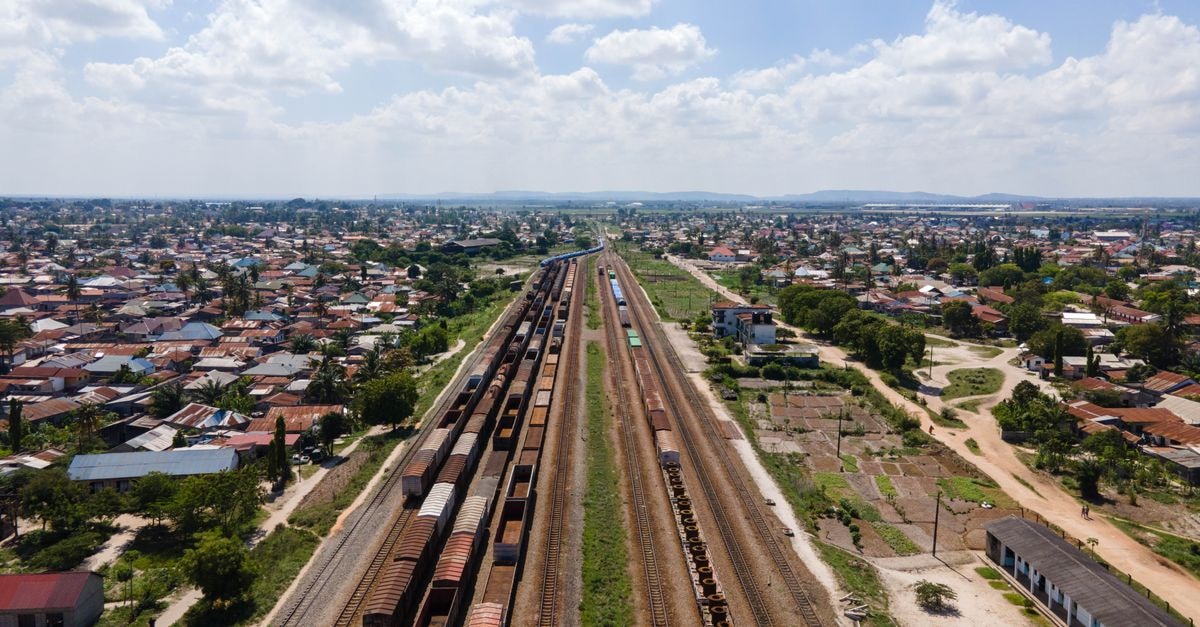 Explore urban landscapes with this aerial view of railways in Dar es Salaam, Tanzania, on a clear day.