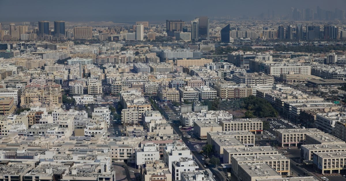 A detailed aerial view showcasing the architectural diversity of Dubai's urban landscape.