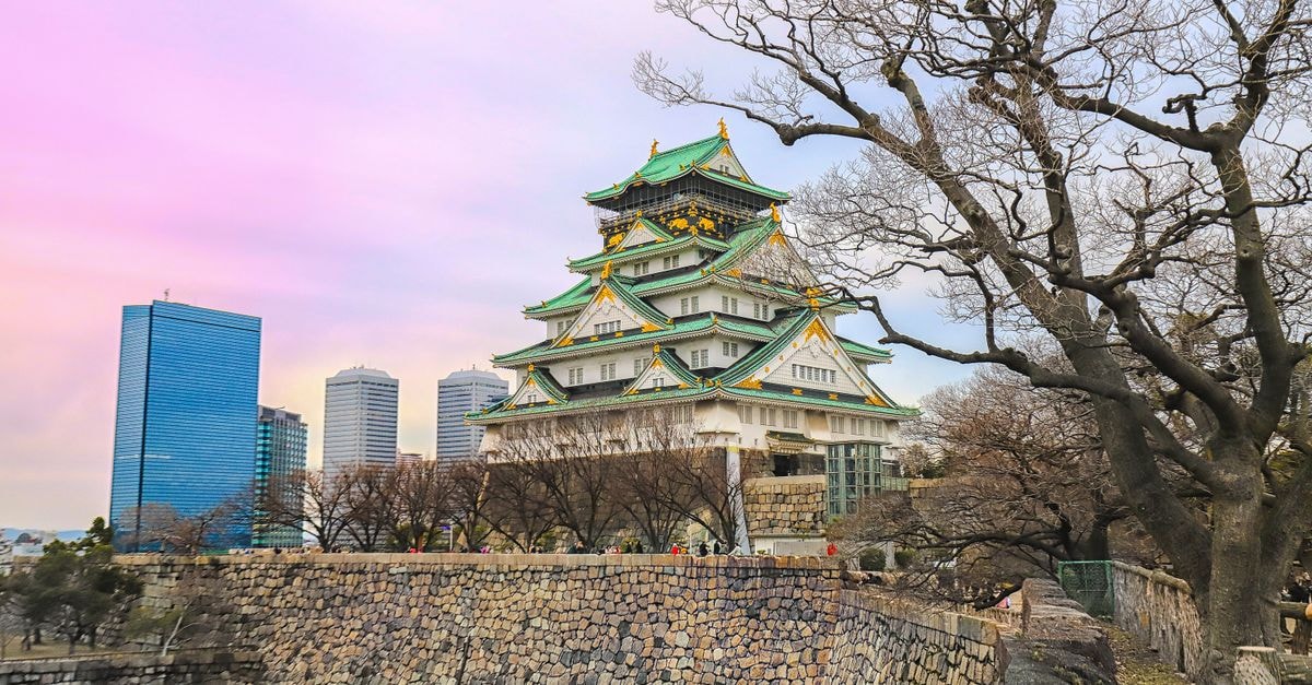 Hanna Country Club, Osaka: A Hillside Championship Course Near the City A captivating view of Osaka Castle with city skyscrapers and leafless trees in the foreground.