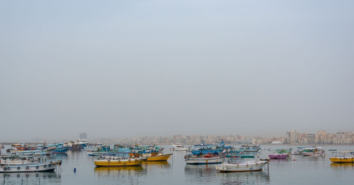 Cityscape with colorful boats anchored in a calm misty harbor.