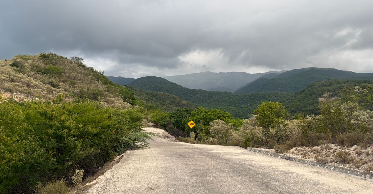 Mountain road bordered by lush vegetation under a cloud-filled sky, ideal for travel enthusiasts.