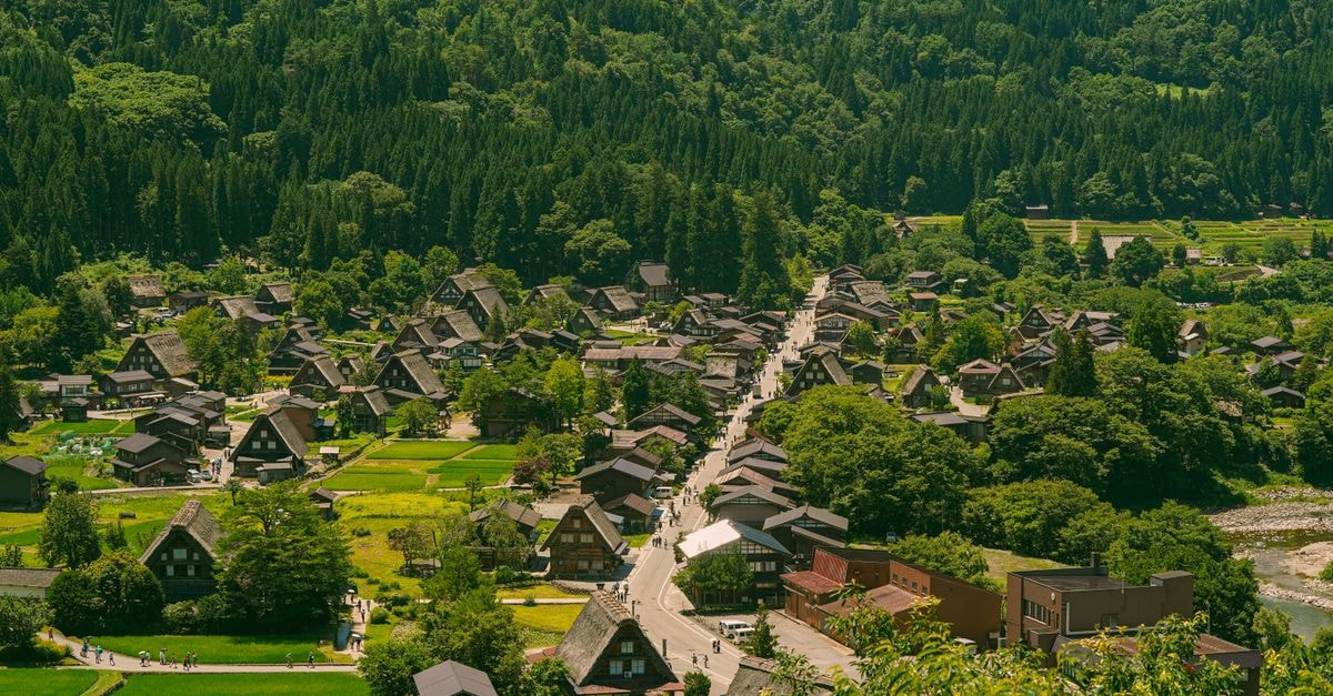 A scenic aerial view of the traditional Gassho-style village in lush greenery during summer.