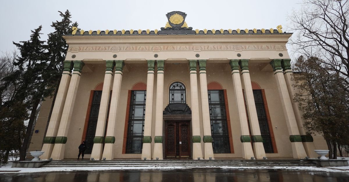 Impressive museum facade in Moscow featuring neoclassical architecture with tall columns.