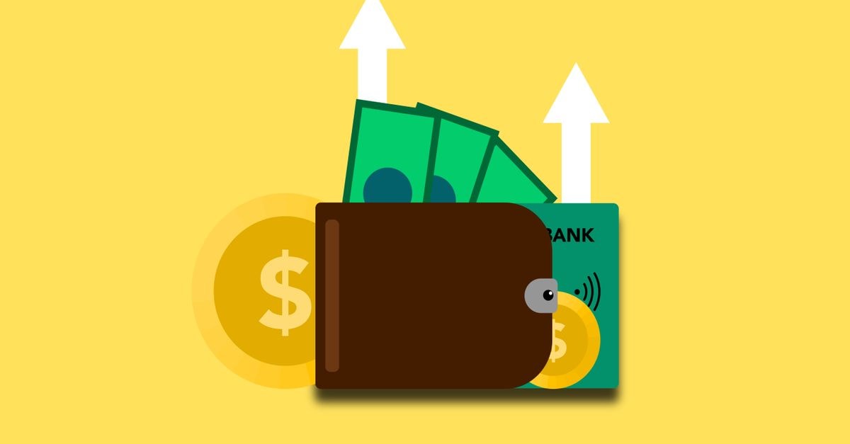 Amazon lifts 2026 capital spending to $220 billion after AWS posts fastest growth in 18 quarters Illustration of wallet with money banknotes coins and bank card in wallet with arrows up showing income growth on yellow background