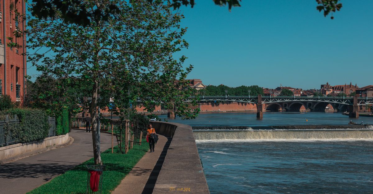 View of the river and bridge in Toulouse, Occitanie, France on a sunny day.