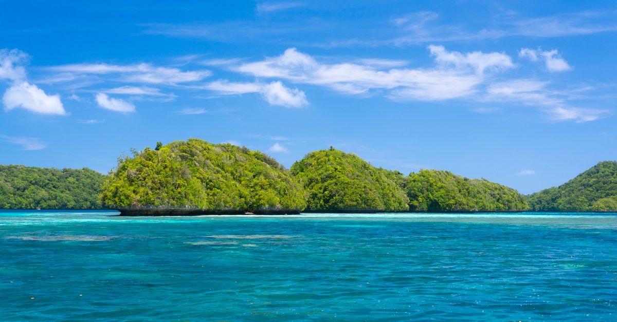Serene island landscape with vivid green foliage and clear blue ocean under a bright sky.
