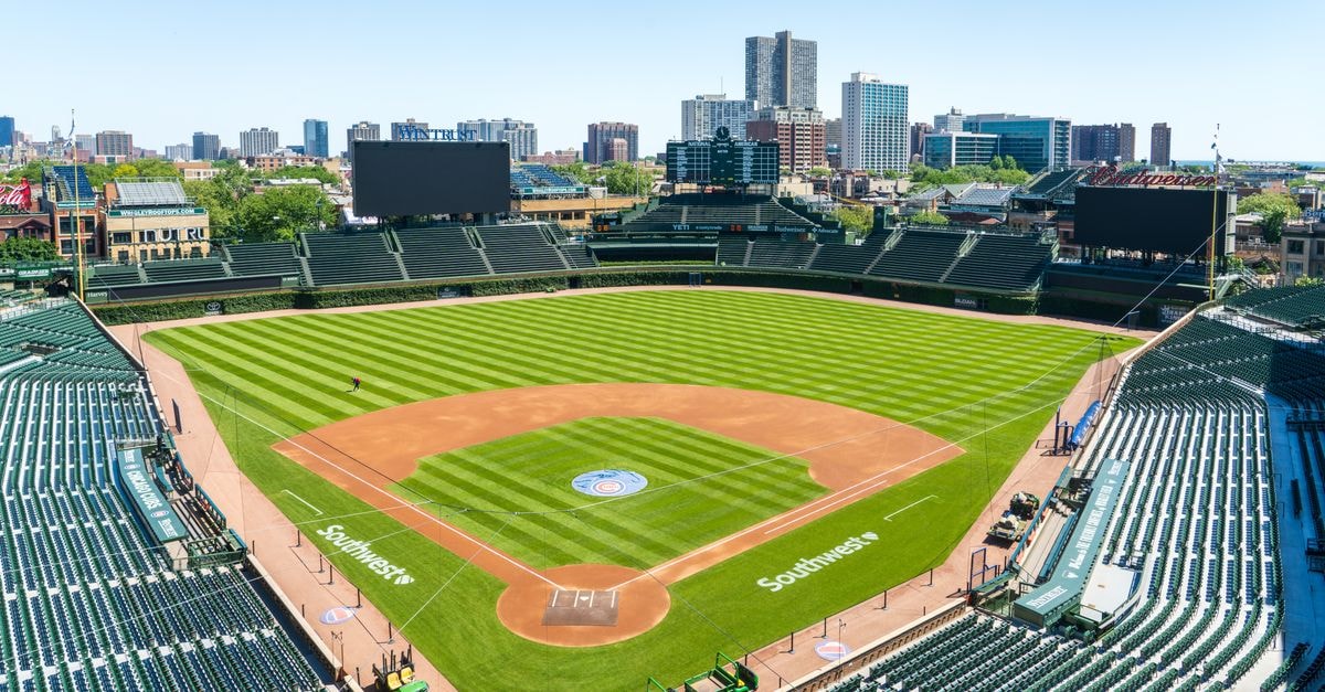 Expansive view of Wrigley Field, home of the Chicago Cubs, showcasing the vibrant stadium and cityscape.