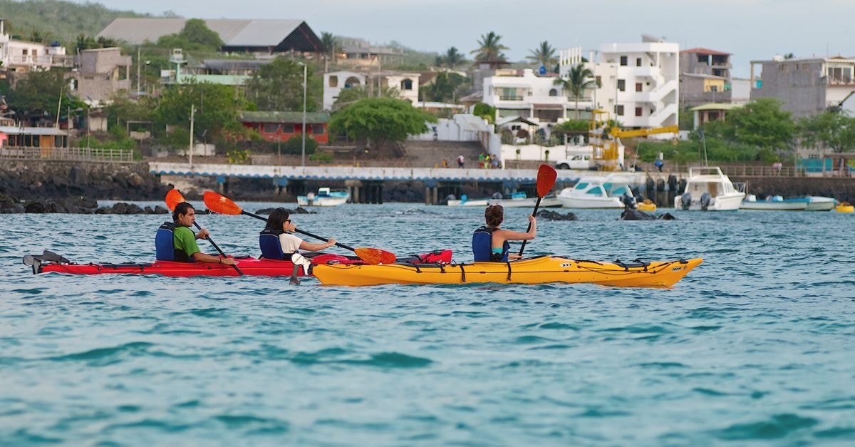 Machala Travel Guide: Coastal Ecuador Beyond the Bananas Tourists enjoying a kayaking experience along the coast of Galápagos Islands, Ecuador.