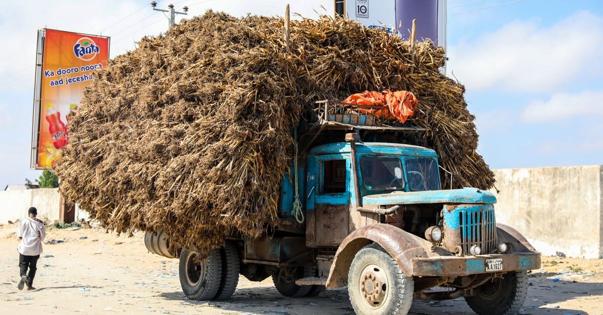 Mogadishu Heritage Hotel: A 1928 Colonial-Era Landmark in the Capital A heavily loaded truck with dried vegetation drives through Mogadishu, Somalia, under sunny skies.