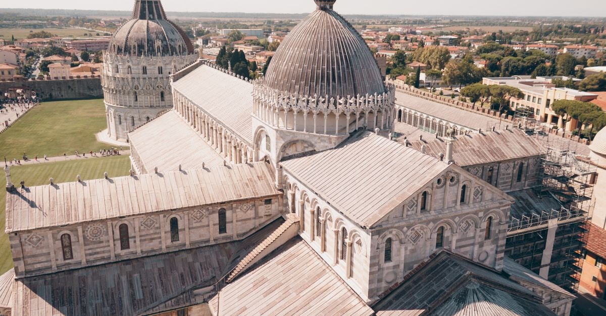 An aerial view of the Pisa Cathedral showcasing its architectural beauty in Tuscany, Italy.