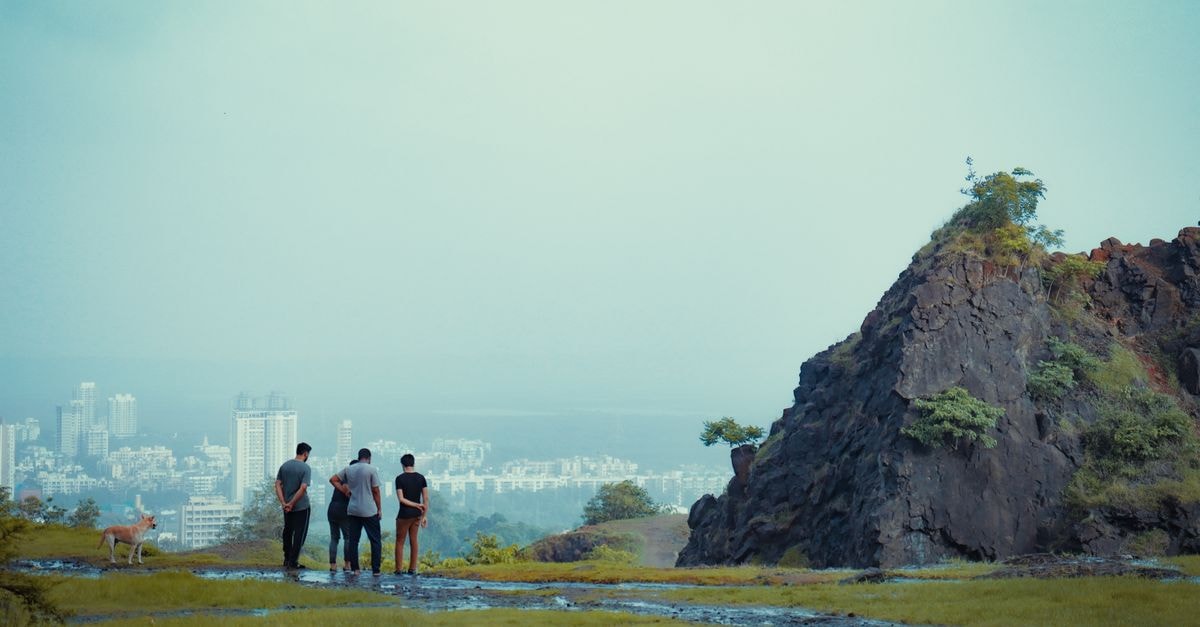 Thane Travel Guide: Getting Around, Eating Well, and Planning Your Stay People enjoying a hilltop view overlooking a bustling cityscape with a dog nearby under a clear sky.