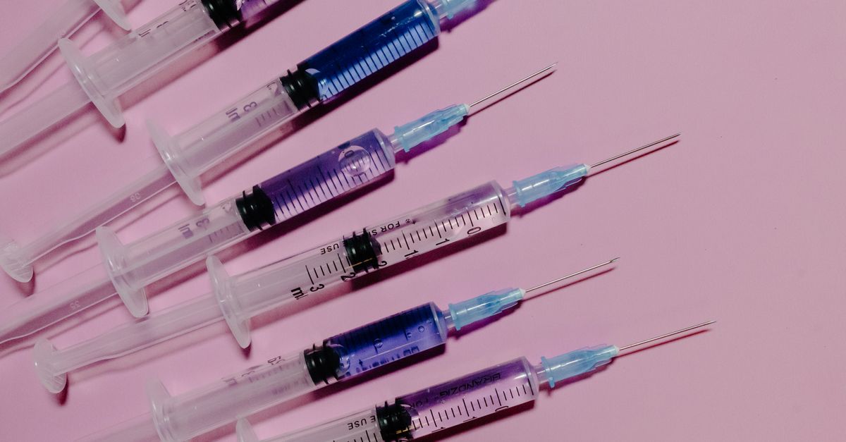 Biotech funding flows to African vaccine maker, Israeli alt-protein startup and AI neurology platform Several syringes with blue liquid on a pink background, showcasing medical equipment.