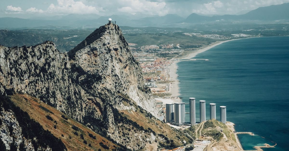 A stunning aerial view of the Rock of Gibraltar and surrounding seascape.
