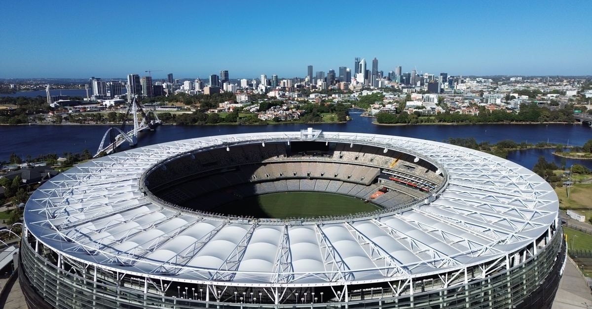 Bangladesh stun Australia by nine wickets in Darwin for historic first Test win on Australian soil Stunning aerial view of Optus Stadium in Perth, Western Australia with city skyline backdrop.