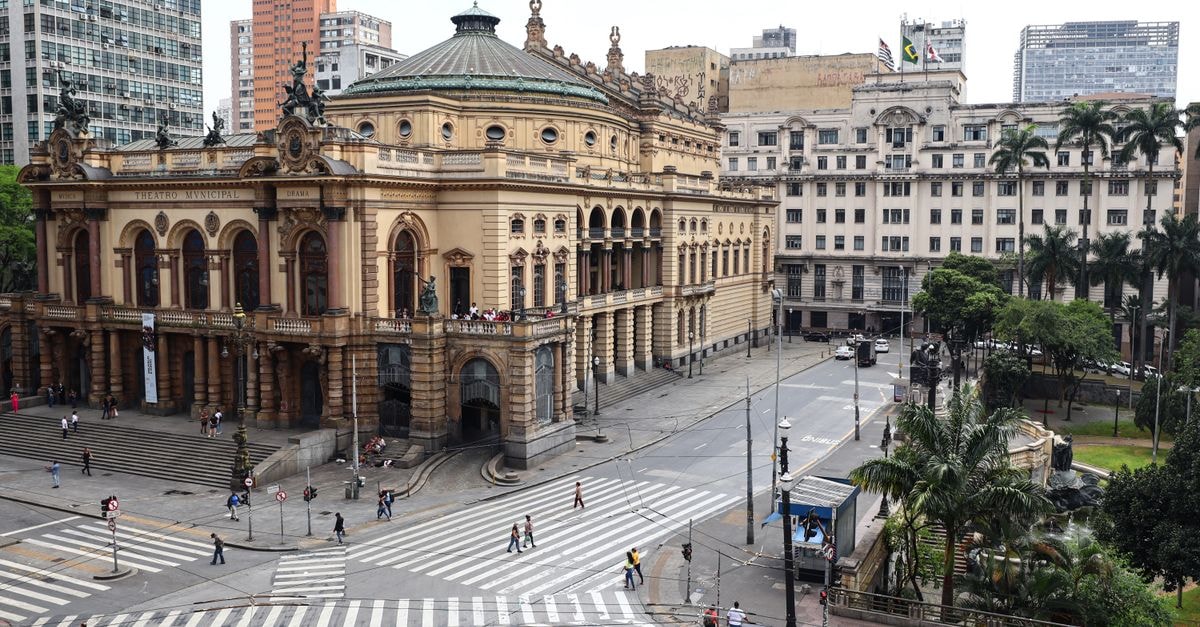 View of São Paulo's iconic Municipal Theater and surrounding historic architecture.