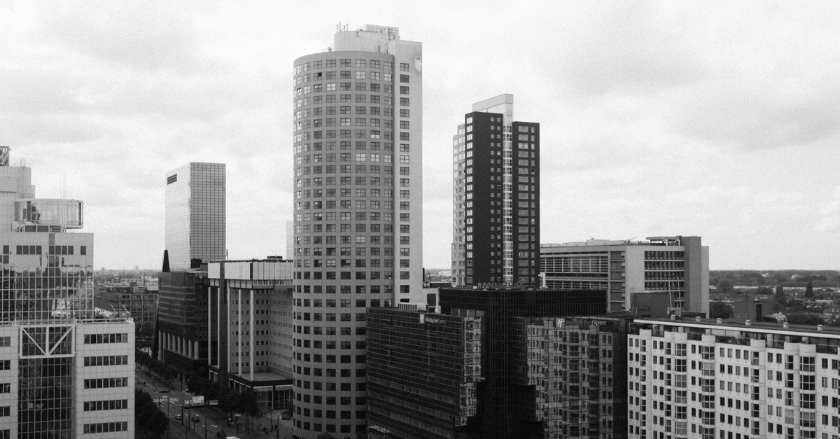 Monochrome view of modern skyscrapers in Rotterdam, Netherlands.