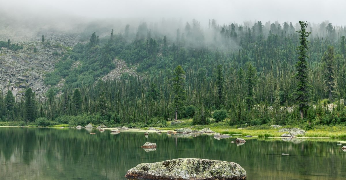 Hilton Garden Inn, Krasnoyarsk: Hilton's Siberian Debut Serene landscape of a mist-covered mountain lake with lush forest and smooth rock reflections.