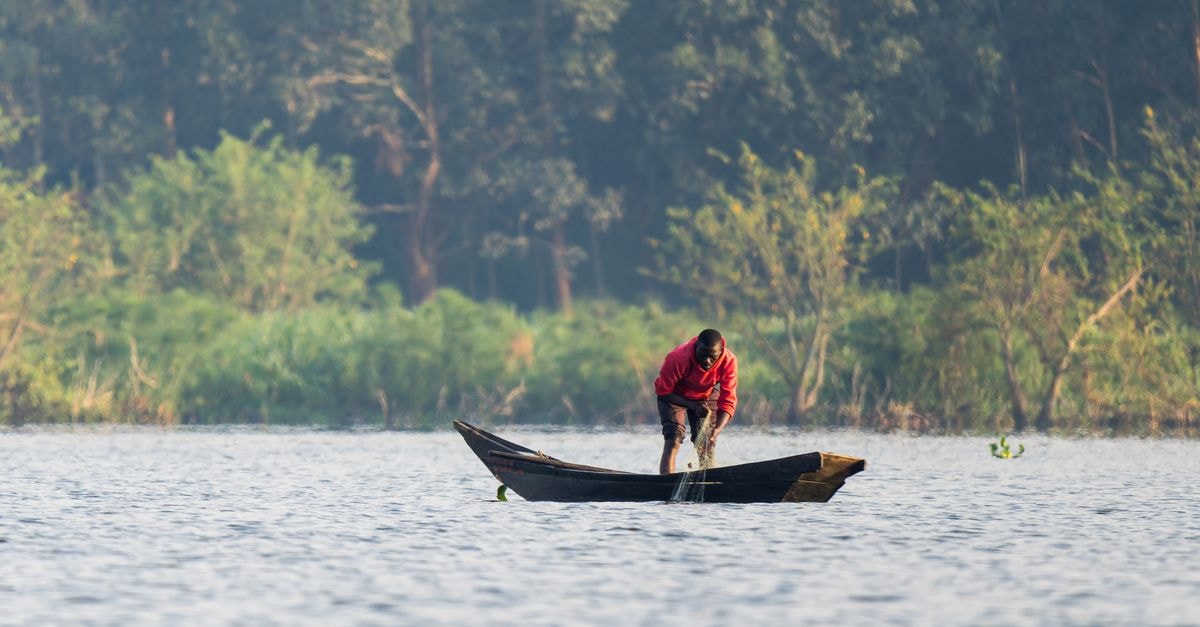 A solitary fisherman in a wooden boat casting his net on a serene lake surrounded by lush greenery.