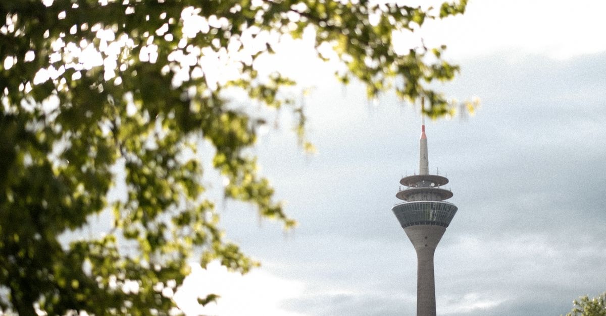 Düsseldorf Travel Guide: Rhine-side rhythms for curious visitors View of the iconic Rheinturm tower framed by lush green trees in Düsseldorf, Germany.
