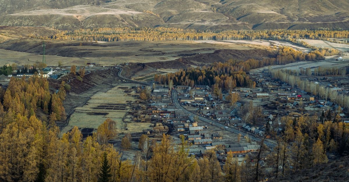 Алтай Gold in Rubtsovsk: A Quiet Stay with In-Room Kitchens A tranquil autumn aerial view of a remote mountain village surrounded by golden forests.
