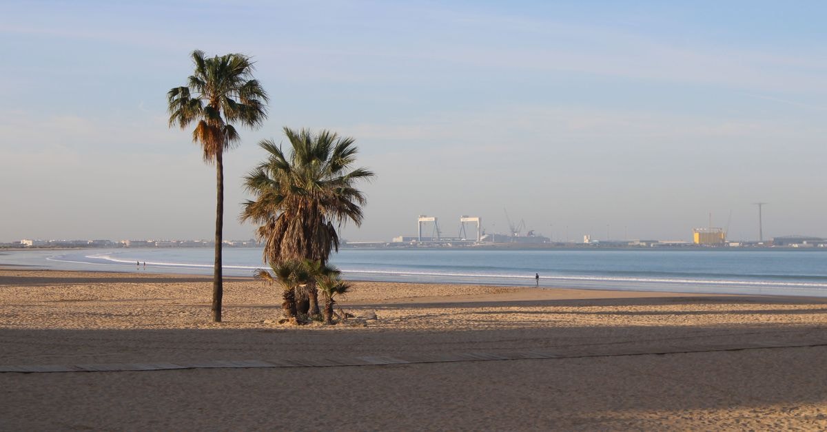 長灘旅遊指南:慢遊 LBC 的悠閒氛圍 西班牙聖瑪麗亞港(El Puerto de Santa María)寧靜的海灘景緻,棕櫚樹與遠方的港口相映成趣。