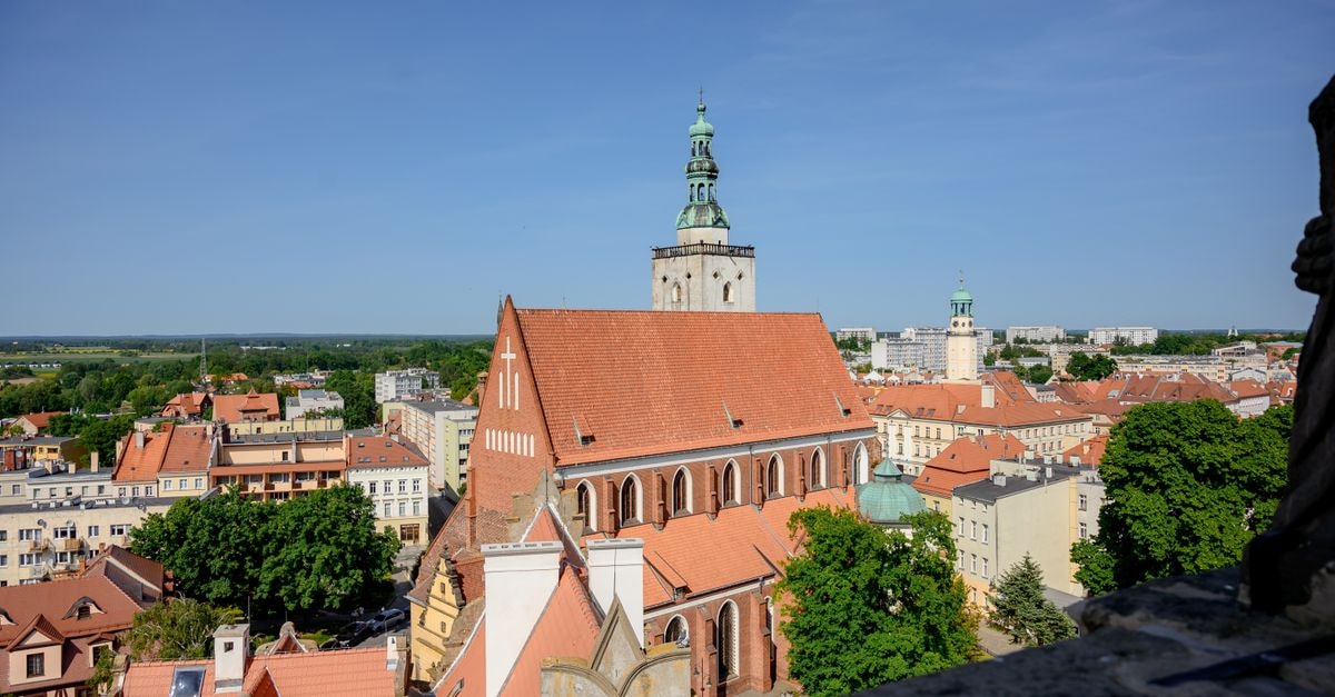 Aerial view of a historic church and surrounding town in Poland under a clear blue sky.