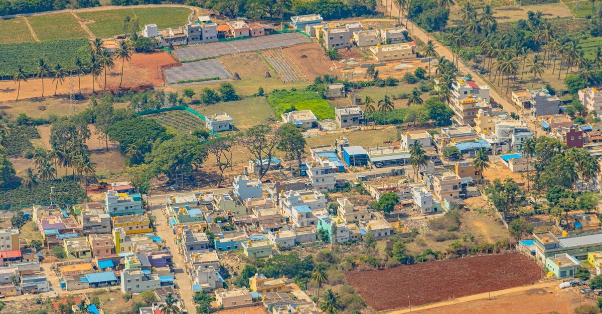 Colorful aerial view of Nandi Hills town and surrounding landscape, Karnataka, India.