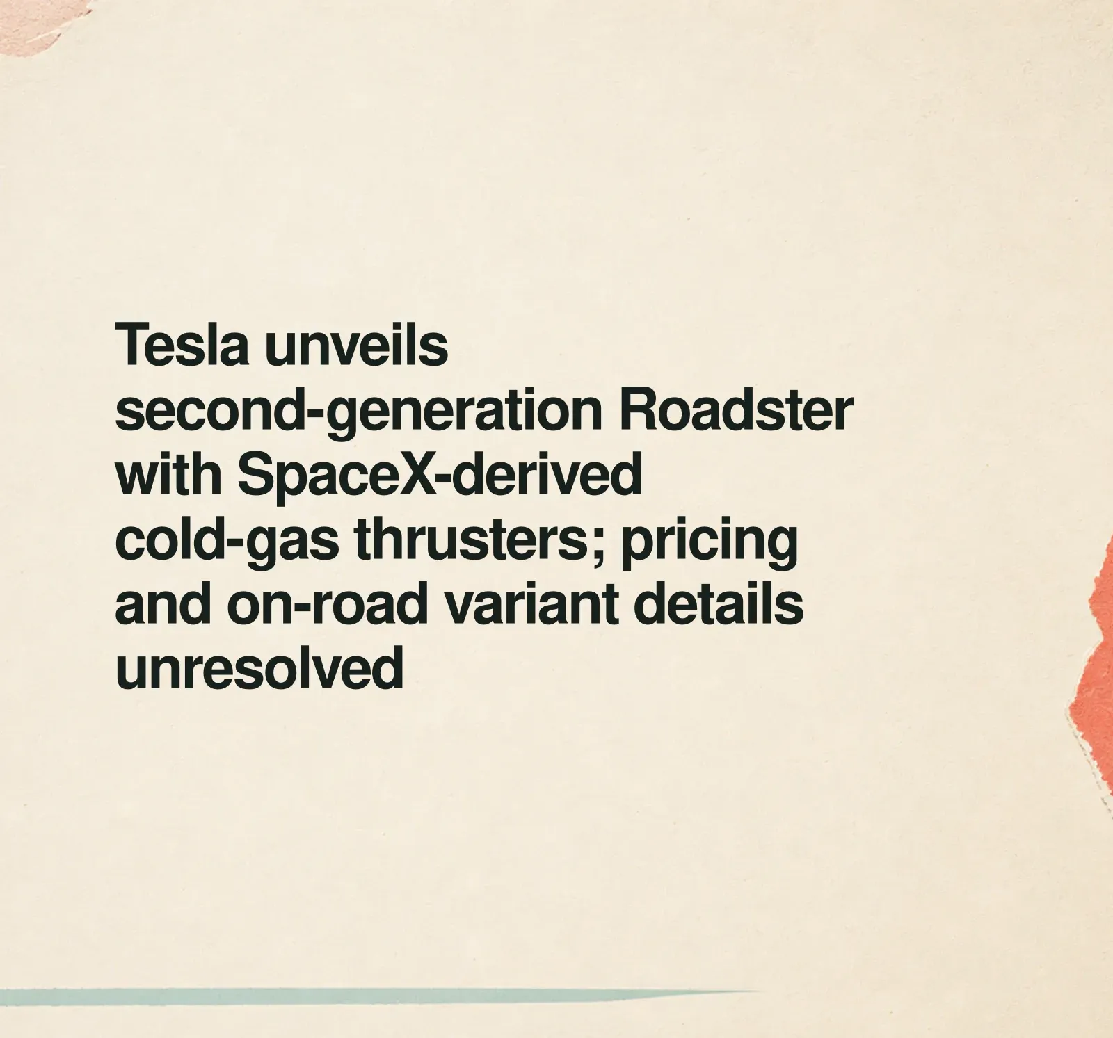 News illustration: Tesla unveils second-generation Roadster with SpaceX-derived cold-gas thrusters; pricing and on-road variant details unresolved