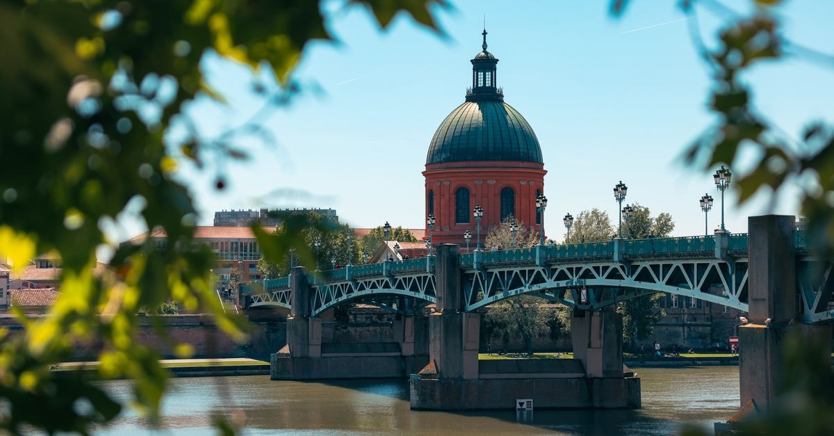 Mercure Toulouse Wilson in Toulouse: A Central Theatre-District Address Scenic view of Pont Saint-Pierre and red dome in Toulouse, France framed by leaves.