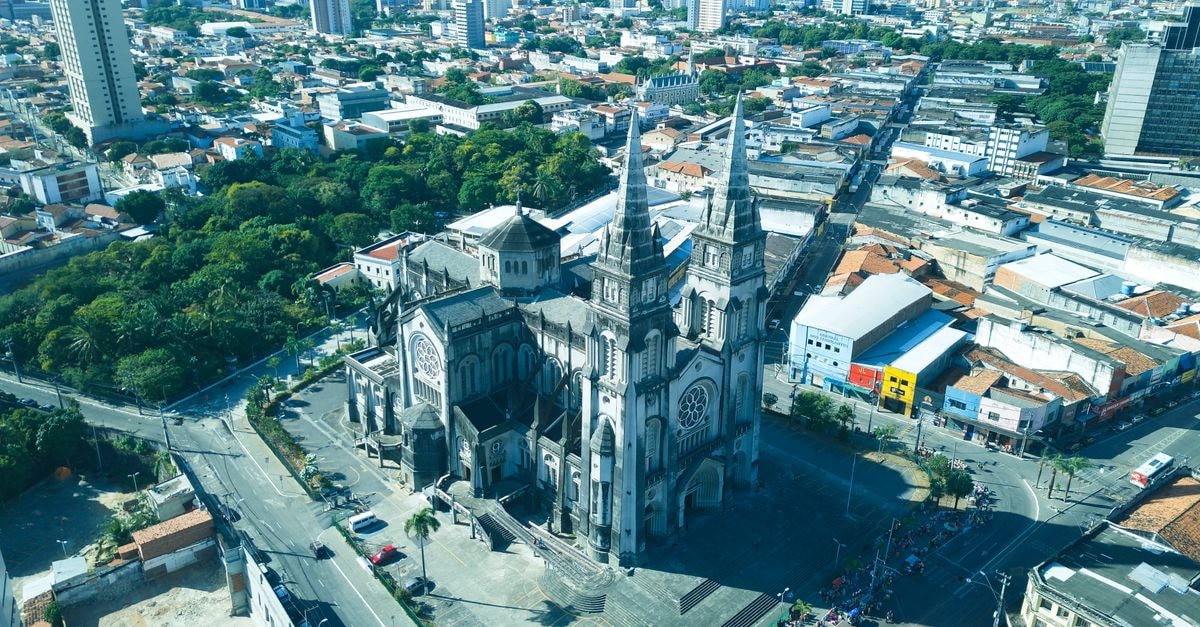 Stunning aerial view of the Metropolitan Cathedral amidst Fortaleza cityscape, Brazil.