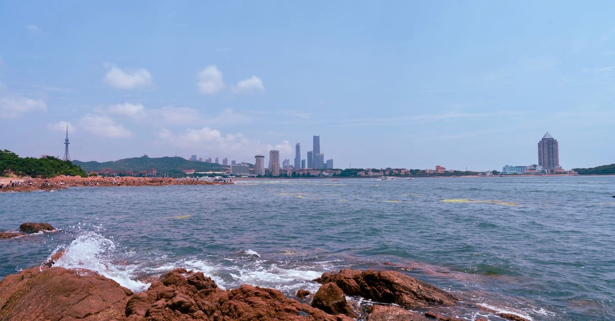 Vibrant city skyline view from a rocky seashore under a clear blue sky.