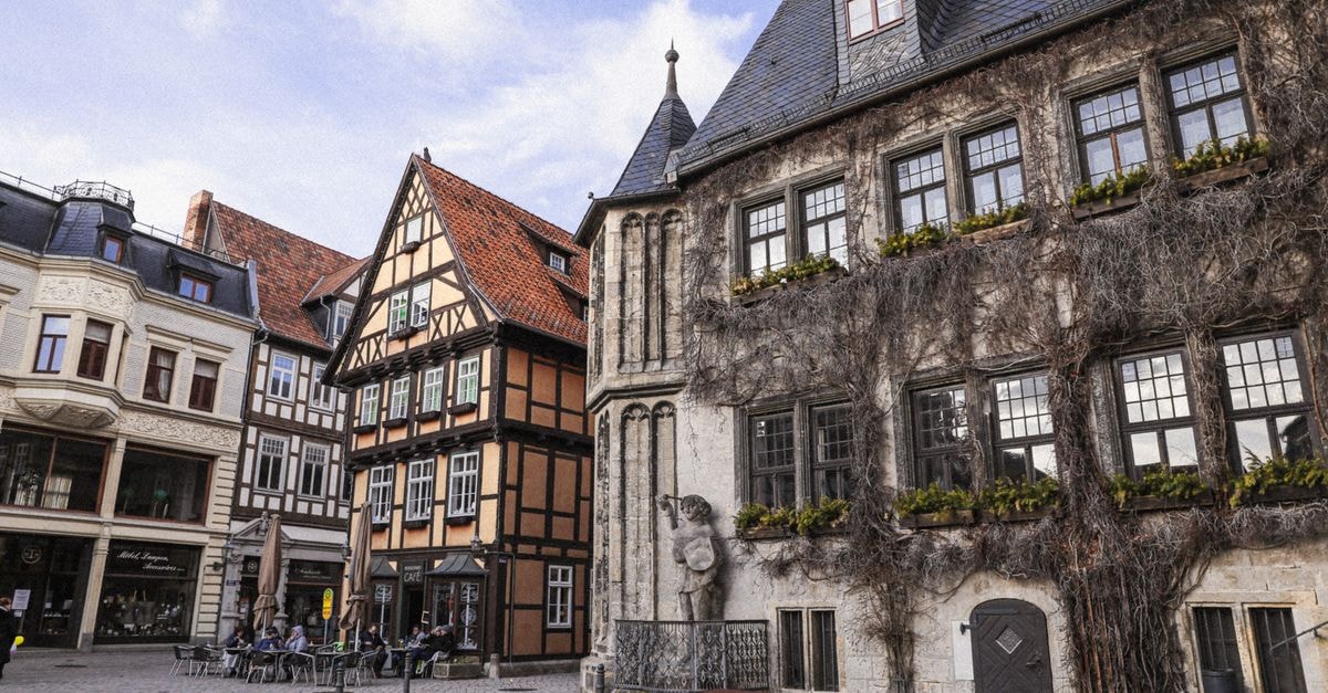 Charming historic half-timbered buildings in Quedlinburg, Germany, a UNESCO World Heritage site.
