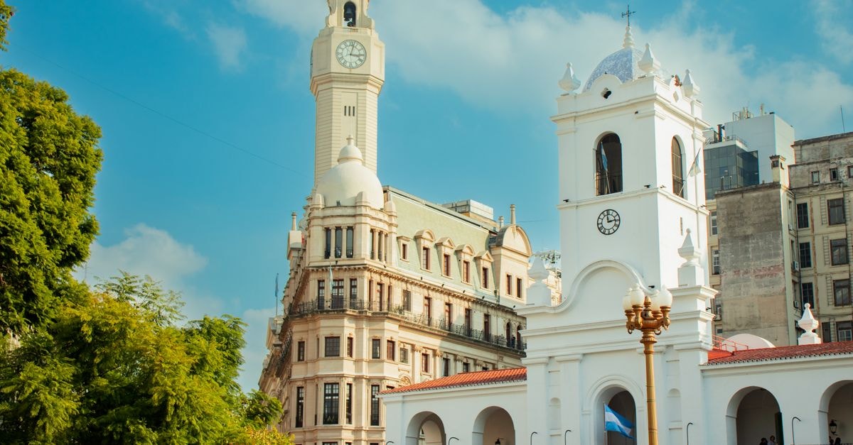 View of historic architecture with landmark towers in Buenos Aires, Argentina.