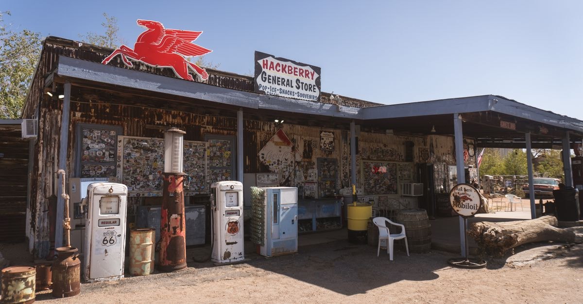 Springfield, Illinois Travel Guide: Honest Abe and Route 66 Charm Vintage gas pumps at Hackberry General Store on Route 66, a nostalgic roadside stop.