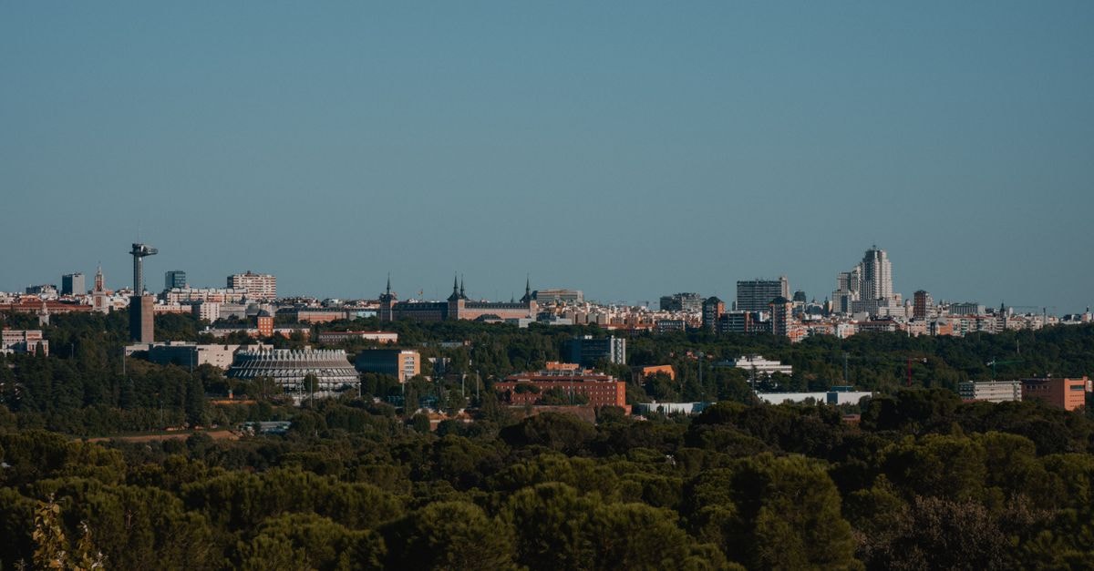 Hostal Victoria II Madrid: Guesthouse Steps from Puerta del Sol A scenic view of Madrid's cityscape with a forested foreground under a clear sky.