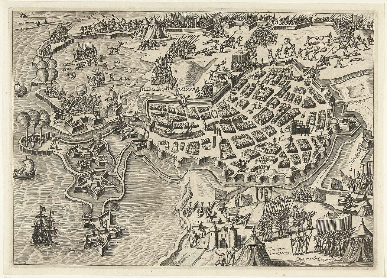 旗幟、刀刃、剃刀與刺刀 《旗幟、刀刃、剃刀與刺刀》插圖:Beleg van Bergen op Zoom (1588) door Parma-1588 年帕爾馬圍攻貝亨奧普佐姆,由帕爾馬公爵亞歷山大・法爾內塞作戰(Bartholomeus Willemsz. Dolendo)。jpg