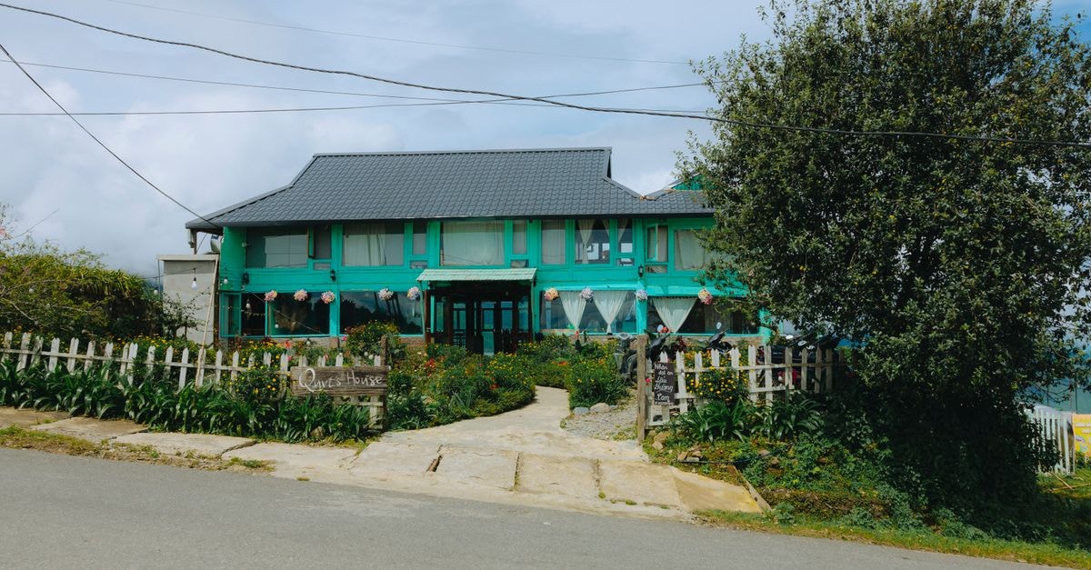Slippers Guest House in Dennery: A Mountain-View Saint Lucia Stay Vibrant green guest house surrounded by lush greenery and a serene road setting.